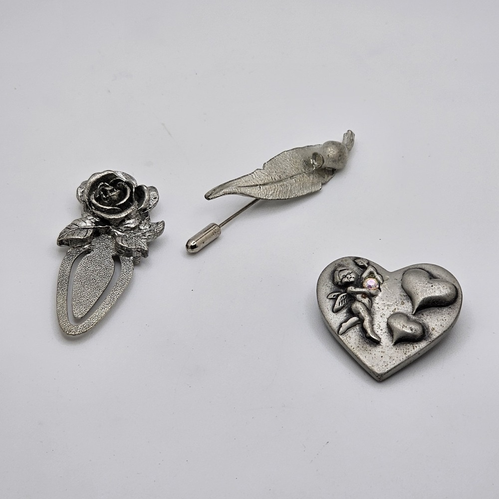 Silver Tone And Pewter Vintage Lot Brooch, Pin And Bookmark Heart Floral Leaf